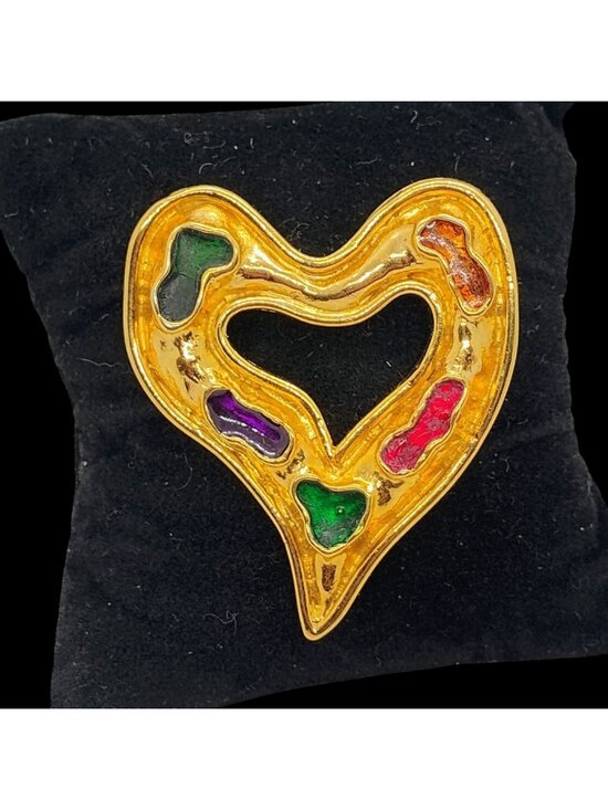 Edouard Rambaud Jewelry - 1980s Edouard Rambaud Paris Gold Plate Gripoix Glass Heart Brooch Pin Runway